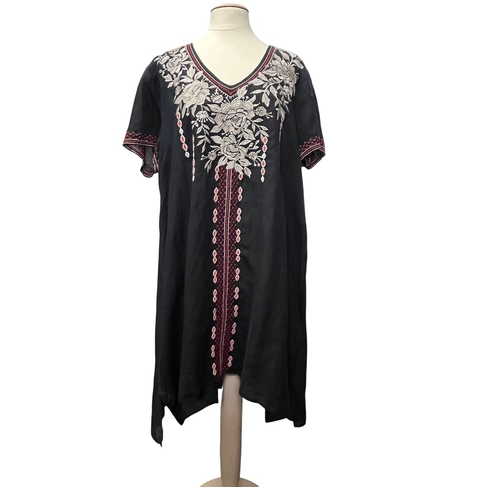 Johnny Was Workshop Black Dress Hippie Boho Embroidered Floral 1X Shift Kaftan